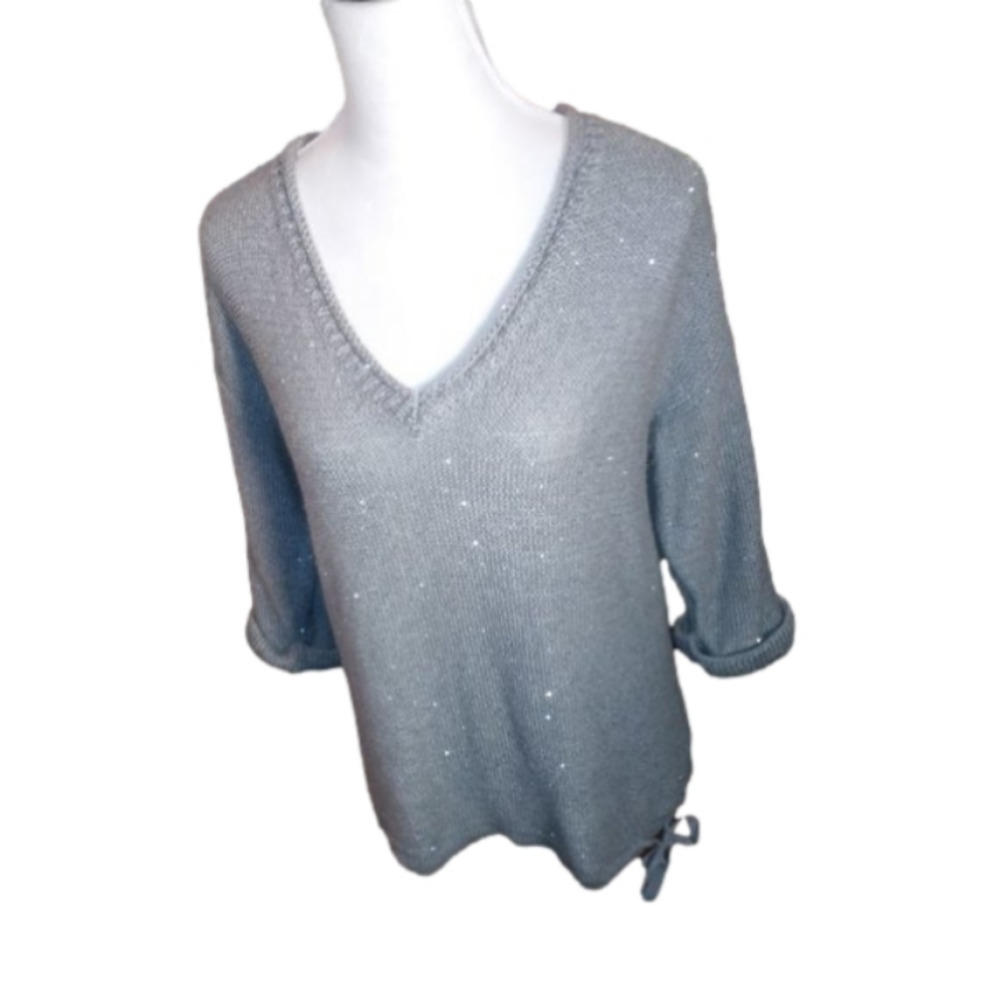 DKNY Jeans Gray/Silver V-Neck with Drawstring Waist 3/4 Sleeve Size Medium